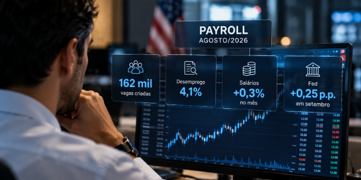 Dados do payroll de agosto de 2026 com criação de 162 mil vagas, desemprego de 4,1% e avanço mensal de 0,3% nos salários.