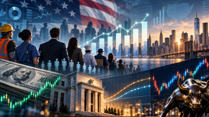 Payroll dos Estados Unidos representado por dados de emprego, salários e desemprego ao lado de gráficos de dólar, juros e mercado de ações.