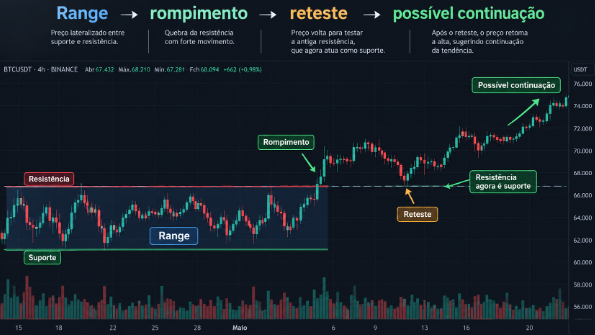 Estrutura de range com rompimento da resistência, reteste da região rompida é possível continuação da tendência.
