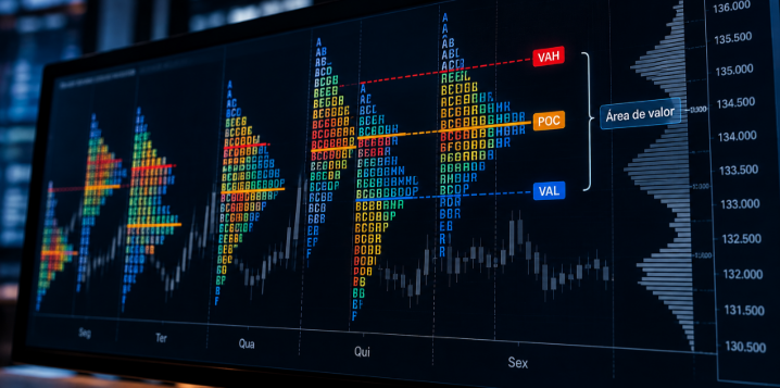 Market Profile representado por gráfico TPO com área de valor, ponto de controle e distribuição dos preços ao longo do pregão.