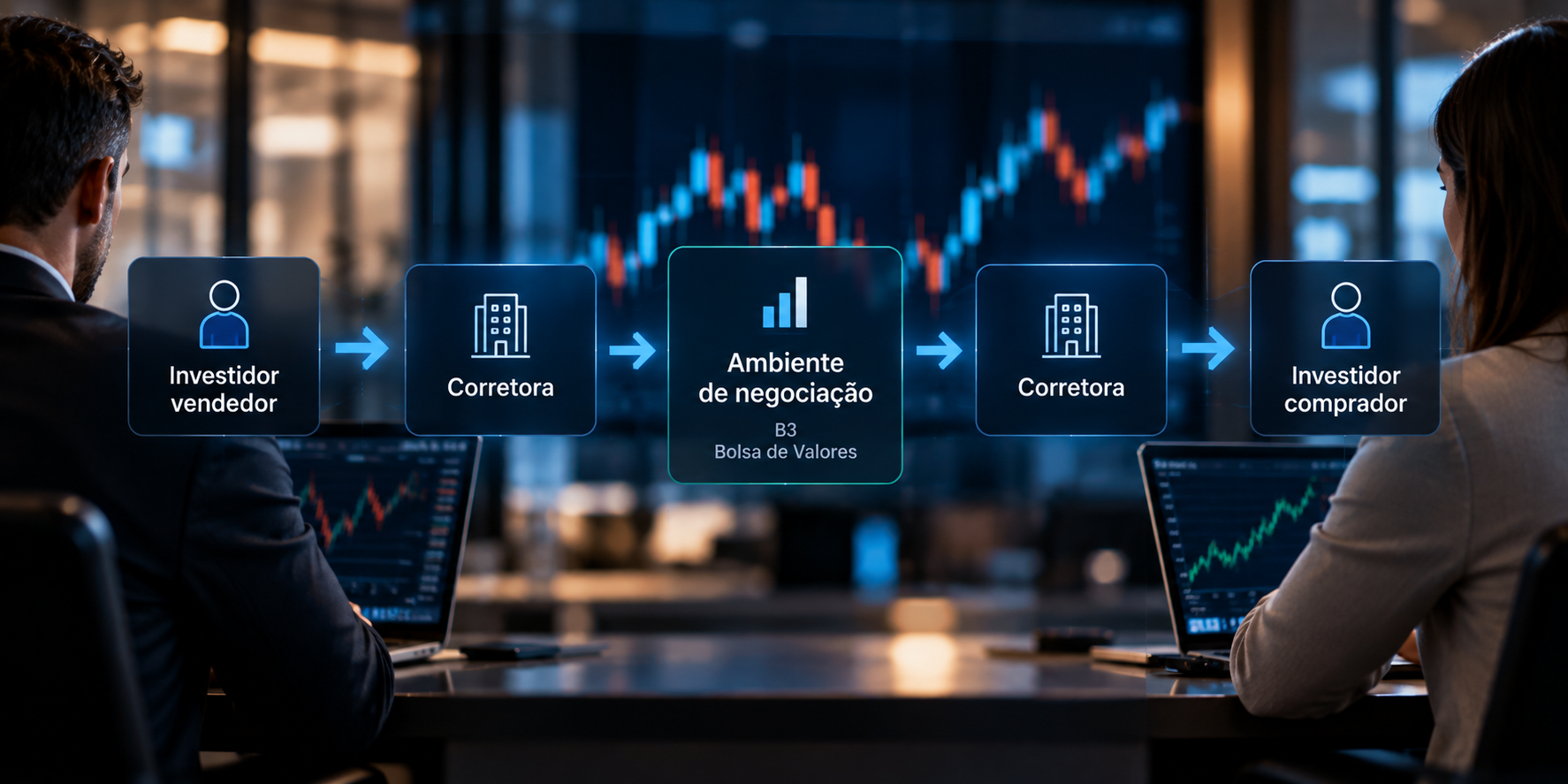 Fluxo do mercado secundário mostrando a negociação de ativos entre investidores com intermediação de corretoras.